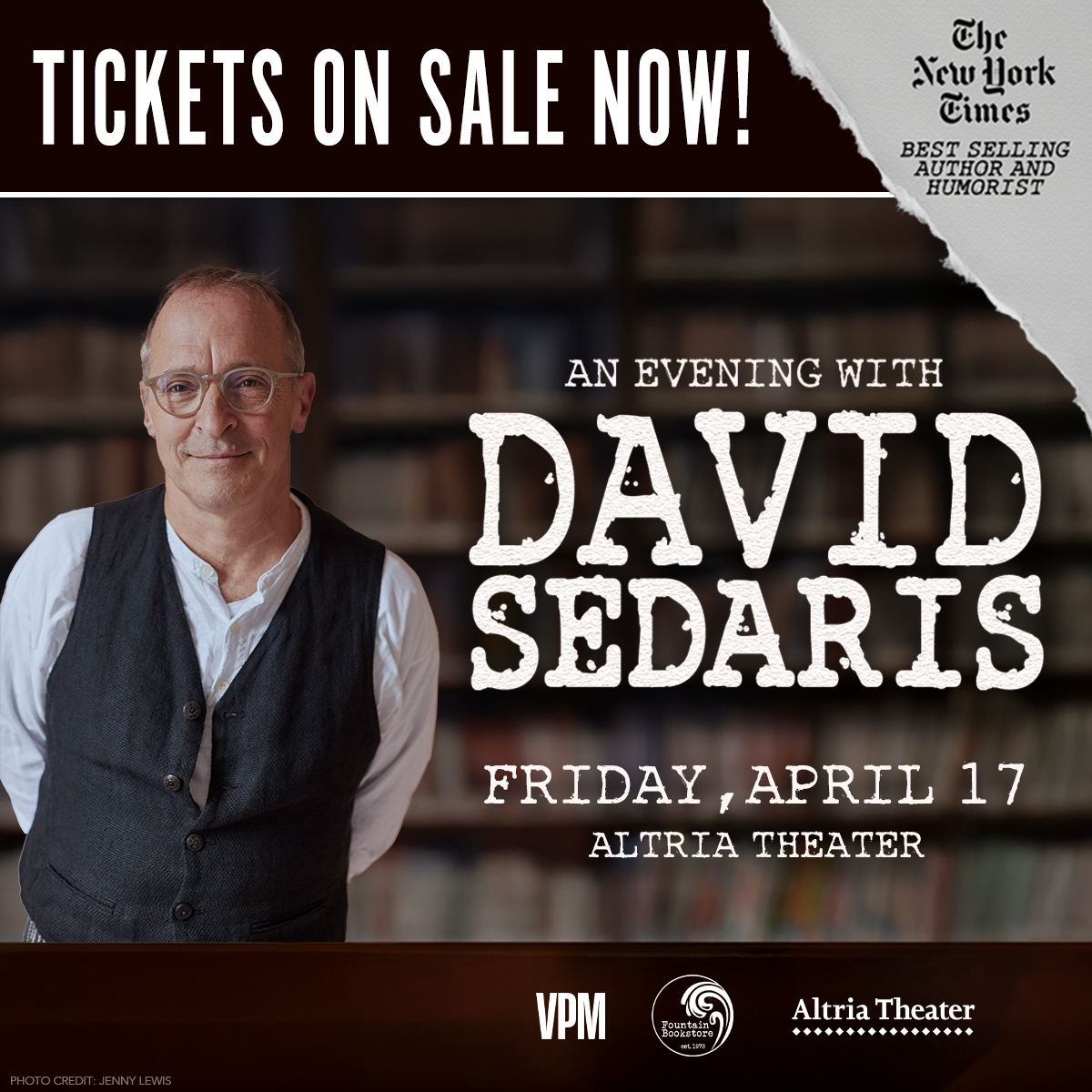 FountainBkstore's tweet photo. Humorist and author David Sedaris is bringing his sardonic wit and incisive social critiques to Altria Theater on April 17. Don’t miss an evening of all new readings, the Q&amp;A, and book signing! Tickets On Sale Now https://t.co/U4Gxr1A09L https://t.co/s8LCUO68kG