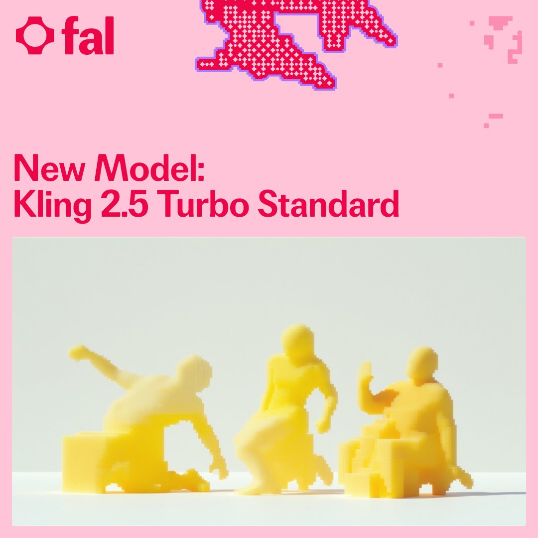 fal's tweet image. 🚨 Kling 2.5 Turbo Standard - EXCLUSIVELY available on fal day 0!

💰 Only $0.21 for 5-second videos 
⚡ Fast generation with highest quality output
🎯 Best cost/quality balance video model
✨ 720p image-to-video generation