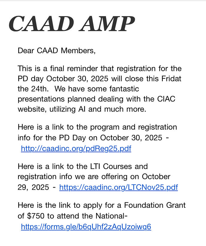 Link to the program and registration info for the PD Day on Oct 30, 2025 - caadinc.org/pdReg25.pdf
Link to the LTI Courses and registration info we are offering on Oct 29, 2025 - caadinc.org/LTCNov25.pdf
Link to apply for $750 grant for National- forms.gle/b6qUhf2zAqUzoi…
