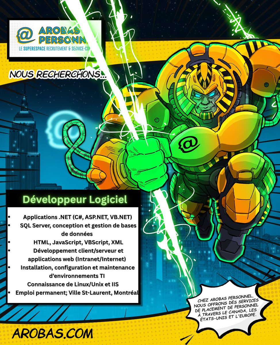 ArobasPersonnel's tweet image. ⚡Arobas Personnel est à la recherche d’un Développeur Logiciel pour un poste permanent à Montréal! ⚡

-5+ ans d’expérience en développement .NET / SQL Server
-Solide maîtrise des environnements client/serveur et web (ASP, HTML, JavaScript, XML)

⏭️ cv@arobas.com