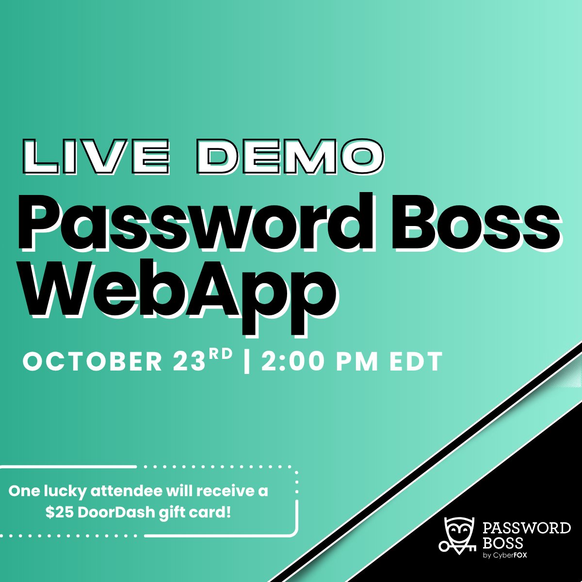 Join us tomorrow, October 23rd at 2:00 PM for a live demo of Password Boss WebApp! See how it streamlines password management and helps keep credentials secure! 

Plus, one lucky attendee will win a DoorDash gift card! Register below ⬇️⬇️

hubs.li/Q03PHh-20