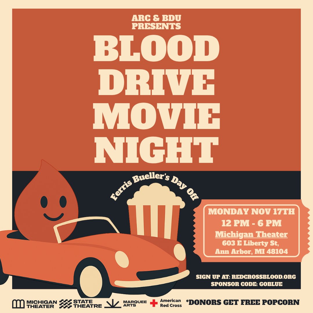 🎬 Roll up your sleeve under the marquee!

Join our Blood Battle Drive at Michigan Theater and help the University of Michigan take down OSU — one pint at a time.

#BloodBattle #GoBlue #DonateBlood