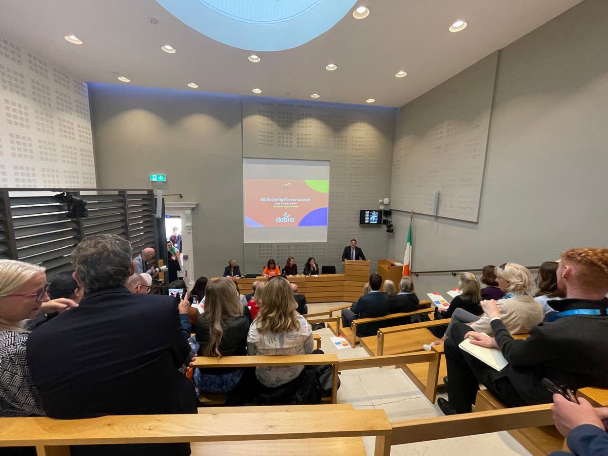 debraireland's tweet photo. A full room at Leinster House this afternoon as TDs &amp; Senators hear first-hand the urgent need for better EB care in Ireland.
#EB #butterflyskin #butterflyreview #EBAwarenessWeek https://t.co/r5fyLvI397