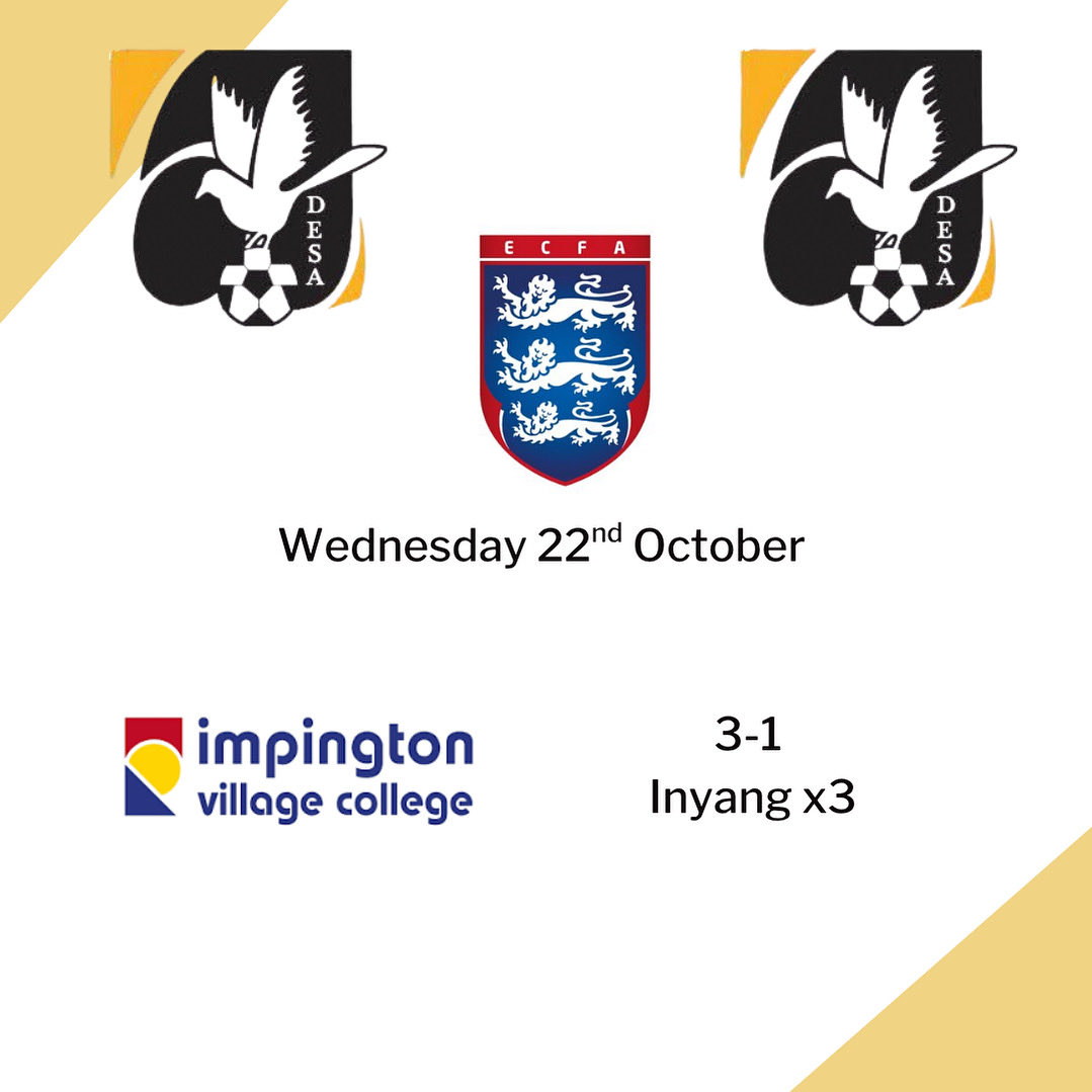 FULL-TIME: DESA CAT 1 – 3️⃣ Impington College – 1️⃣ 💪
A brilliant home performance from the boys at Aldiss Park, with Inyang stealing the show with a superb hat-trick! ⚽⚽⚽
Strong result, great energy, and three well-deserved points in the ECFA Premier League 🔥