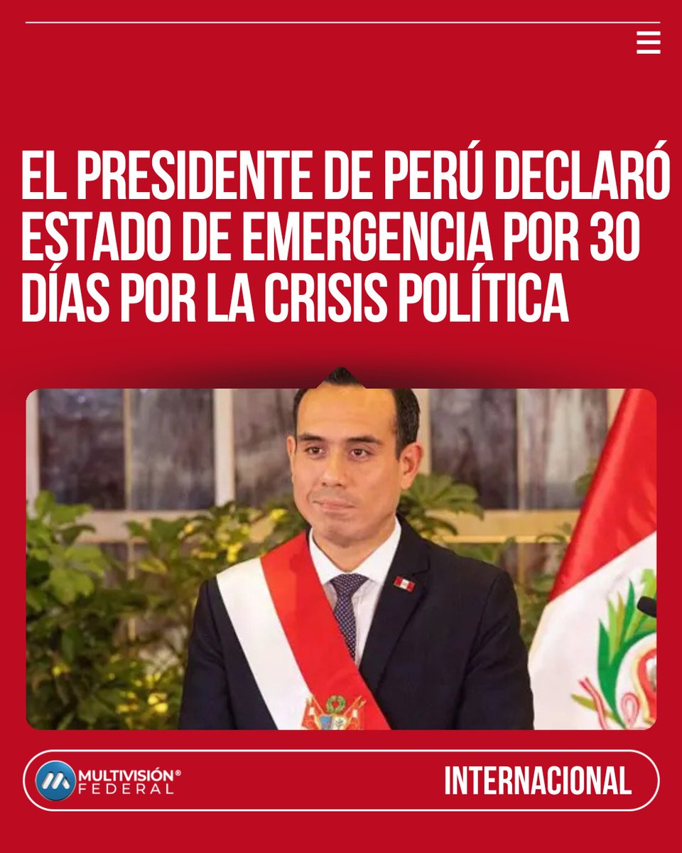 multivisionfede's tweet photo. 🇵🇪El presidente interino de Perú, José Jerí, decretó el estado de emergencia por 30 días en Lima y la provincia del Callao con el objetivo de frenar el incremento de la delincuencia. 👉🏻La medida, que entra en vigor a partir de la medianoche, autoriza la participación de las… https://t.co/5ltZ7ejHMR