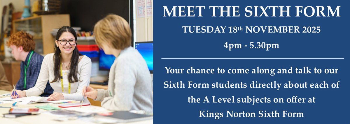 KNGSlife's tweet image. Looking to study A Levels from September 2026? Join
@KNGSlife at our &apos;Meet the Sixth Form&apos; Event on Tuesday 18th November from 4pm -5.30pm, to hear from our Sixth Form students why you should be considering KNSF to study A Levels #opportunities #outstanding #flourish #sixthform