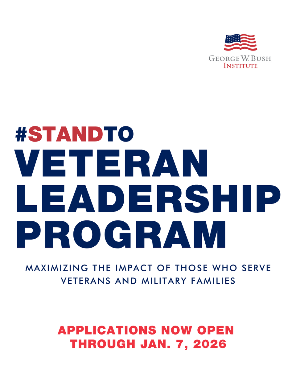 TheBushCenter's tweet image. Apply today to join the #StandTo Veteran Leadership Program at the Bush Institute. The first-of-its-kind program gathers active-duty service members, veterans, military spouses, and civilians from diverse backgrounds and sectors who are focused on serving our nation’s veterans