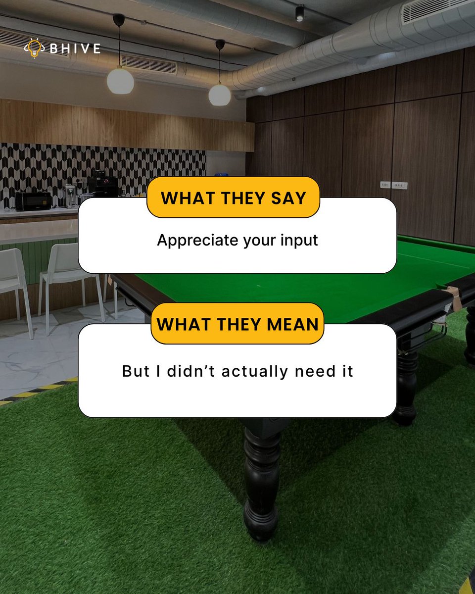 bhiveworkspace's tweet image. Office phrases can be mysterious… 🤔​

‘Ping me if you need anything’ or ‘Appreciate your input’ - we’ve all heard them, but do we know what they actually mean?​ Swipe to find out! 👉​
​
#BHIVE #CoworkingSpace #OfficeSolutions #ManagedOffice