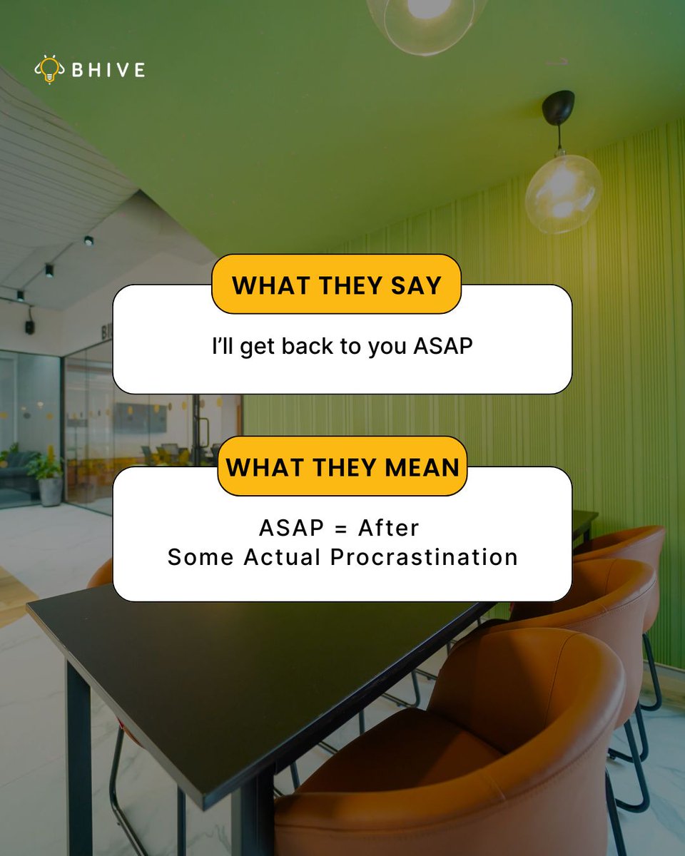 bhiveworkspace's tweet image. Office phrases can be mysterious… 🤔​

‘Ping me if you need anything’ or ‘Appreciate your input’ - we’ve all heard them, but do we know what they actually mean?​ Swipe to find out! 👉​
​
#BHIVE #CoworkingSpace #OfficeSolutions #ManagedOffice