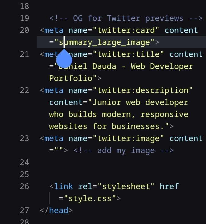 DanielDaudaTech's tweet image. Day 21 of Learning Coding With A Phone ✨...
Just learned how to add SEO and social preview meta tags to my portfolio project 🚀
Now my website will show clean previews on WhatsApp, Facebook, and Twitter 😎
#HTML #WebDevelopment #100DaysOfCode