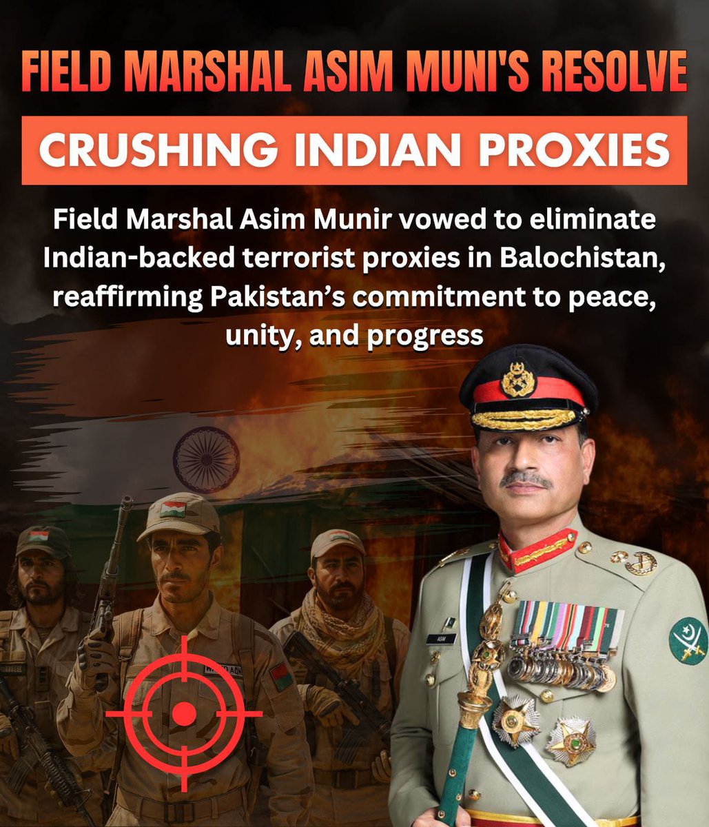 BalochDiaries's tweet image. Field Marshal Asim Munir called Balochistan “the pride of Pakistan” and vowed to wipe out Indian-backed terror networks sowing chaos in the province.
Speaking at the 17th National Workshop Balochistan, he praised the resilience of its people and stressed development, peace, and…