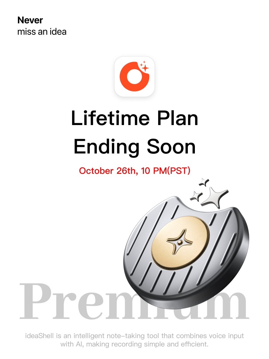 ideaShellAI's tweet image. Hi to all friends who follow and use ideaShell! 📣
The Lifetime Plan is ending on October 26th at 10:00 PM (PST).
With the major AI features and cross-platform integrations we are developing, we've decided that a one-time price no longer supports our long-term vision.
This…