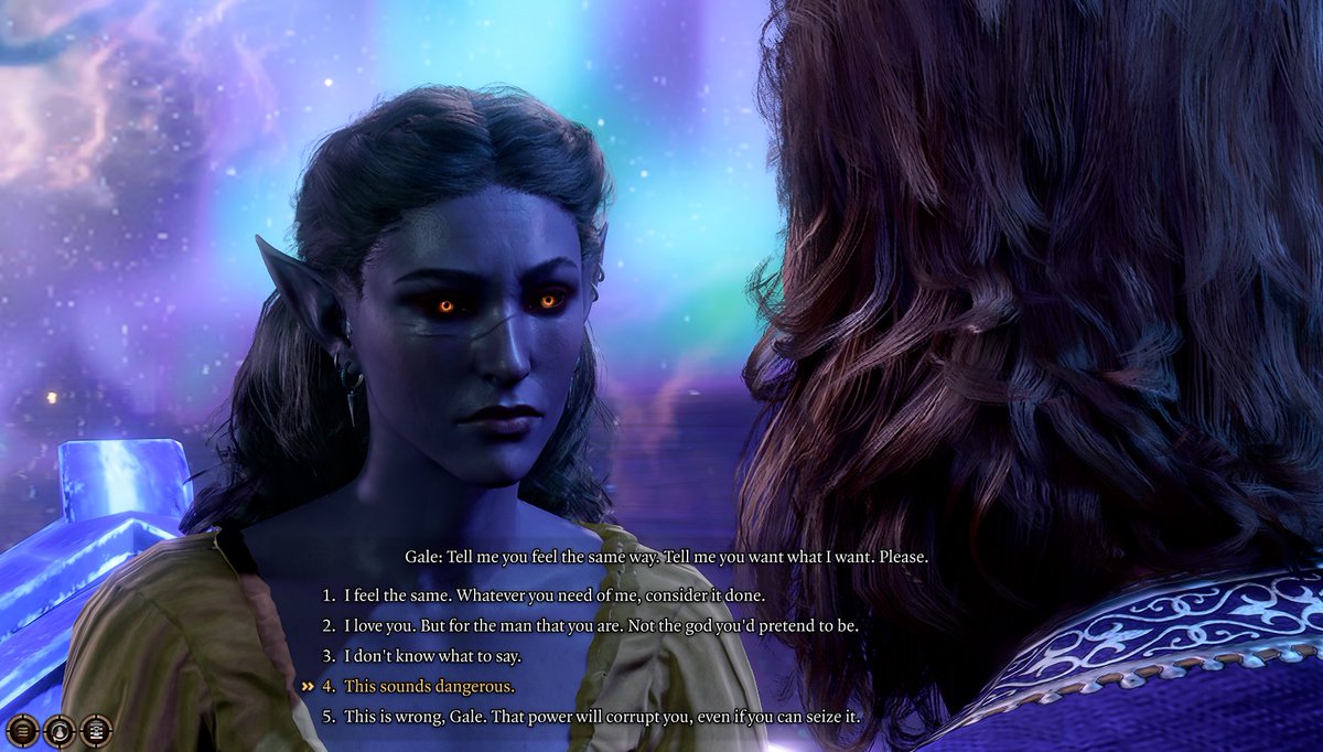 sizzlesouce's tweet image. #tavqotd
When she found out that he could flatten an entire city with just his orb, that’s when she felt something stir in her dark, vile heart.😔
this is the only screenshot I have of her and it's not the dialogue option I picked!! 😭