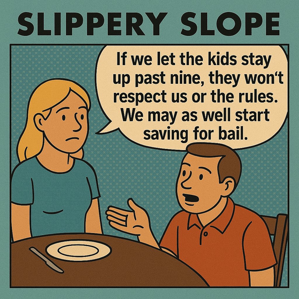 noblelawyers's tweet image. Slippery slope

A slippery slope argument claims that some relatively minor action will lead to extreme, often disastrous, results. It’s a fallacy when the slide is just assumed.