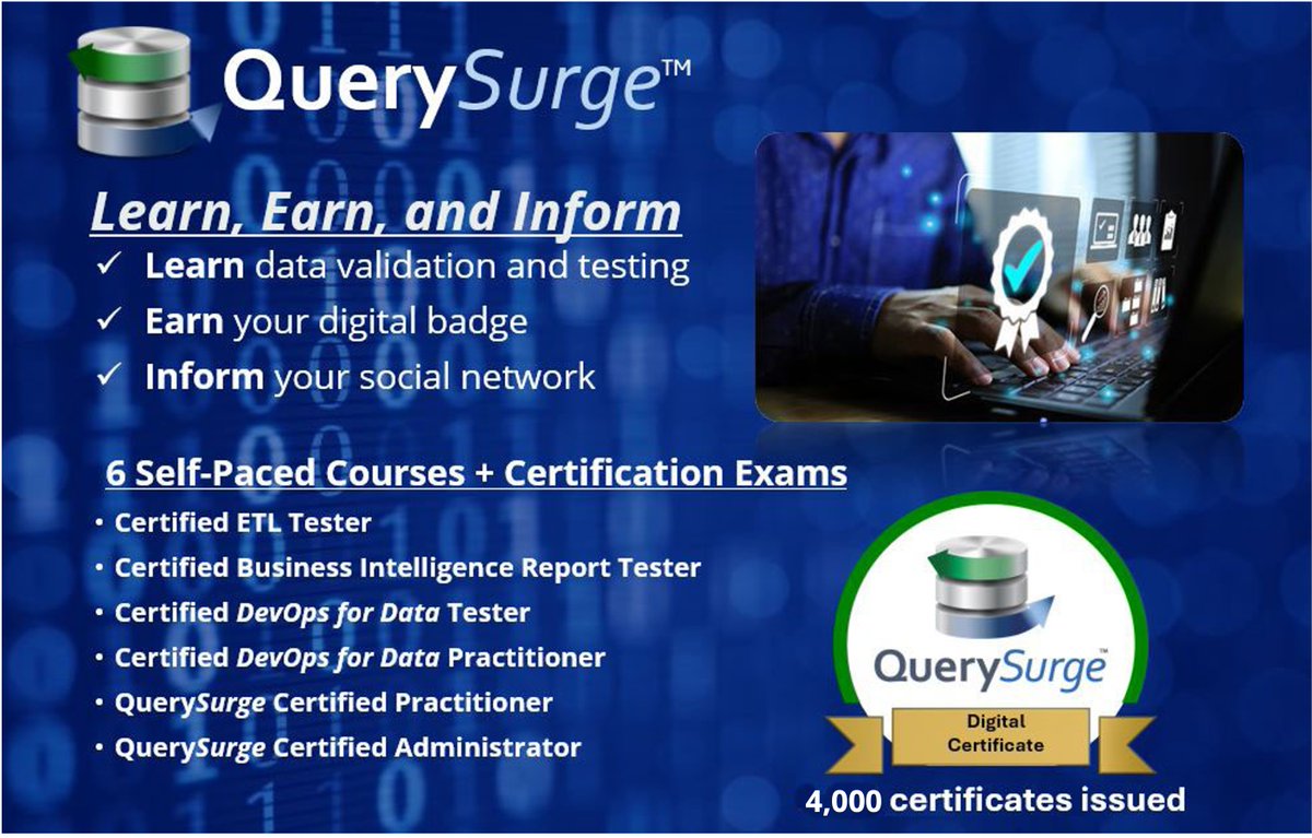 QuerySurge's tweet image. We're offering free training & certs in BI report testing, #ETLtesting, and #DevOps for Data testing. Register for up to 6 exams at no cost using the code CERTOCT25 before October 31st. ow.ly/2sNJ50X6aMT