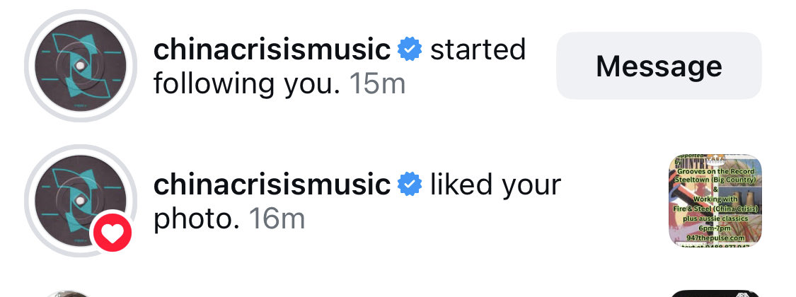 Thank you to the lovely management team on instagram for China crisis who help the bands page for the follow back

A band I would love to interview