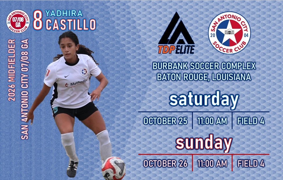 Road trip this weekend to Baton Rouge, Louisiana. 
<a href="/SACity0708GA/">SA City 07/08 GA</a> x <a href="/LATDPElite/">Louisiana TDP Elite</a> 

<a href="/GAcademyLeague/">Girls Academy</a> <a href="/sacitysc/">San Antonio City Soccer Club</a>  <a href="/ImYouthSoccer/">ECNL/GA/Recruiting/College Soccer</a> <a href="/6a_28/">SA High School & Club Soccer</a> <a href="/ImCollegeSoccer/">College Soccer Truth ™</a> <a href="/soccer_warren/">Warren Girls Soccer</a> <a href="/PrepSoccerTX/">Prep Soccer Texas</a> <a href="/PrepSoccer/">Prep Soccer ⚽️</a> <a href="/TheSoccerWire/">SoccerWire</a> <a href="/CollegeSoccerID/">College Soccer ID</a> <a href="/jgrimleysoccer/">Jane Grimley-Gunn</a> <a href="/CoachGeorge23/">Coach George</a>