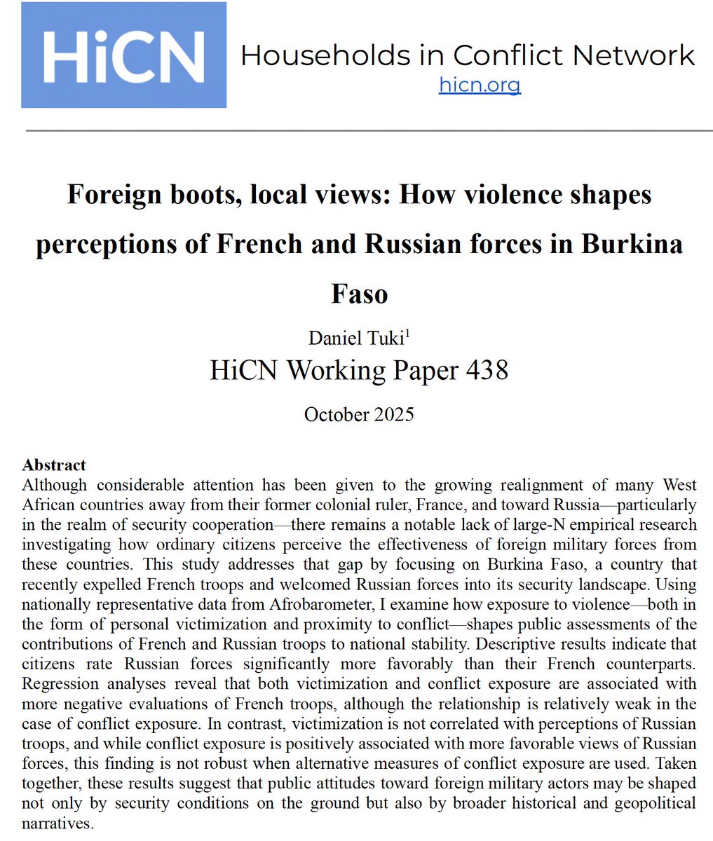 Working Paper: The Burkinabé assesses the contribution of Russian forces to their country’s stability more favorably than French forces. These attitudes are particularly strong among those who have been victimized [Link below]
hicn.org/working-paper/…