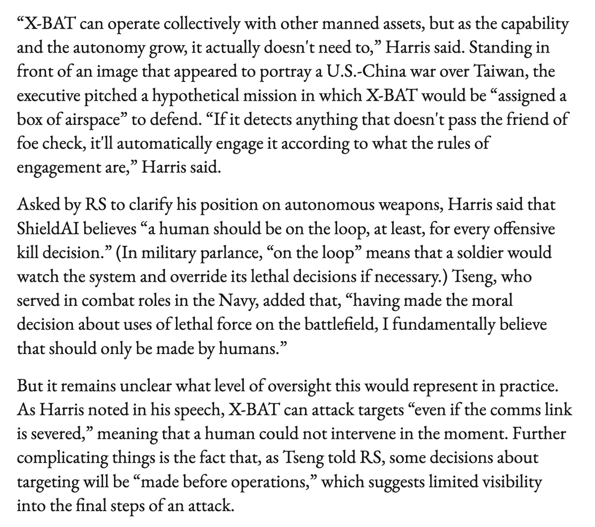 connor_echols's tweet photo. ShieldAI just announced an aircraft that it's calling the world's "first autonomous fighter jet." I asked the company's executives what role AI will play in decisions about who lives and dies on the battlefield: (full piece in @RStatecraft below) https://t.co/wXViMtdEbb