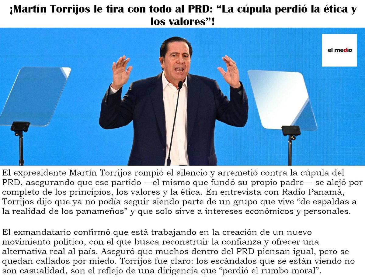 💥 “La cúpula del PRD se alejó de los valores y la ética”, dispara Martín Torrijos, quien ya trabaja en un nuevo movimiento político. Dice que el partido de su padre hoy sirve a intereses personales y vive de espaldas a la realidad del pueblo. 🔥🇵🇦 #Panamá #PRD