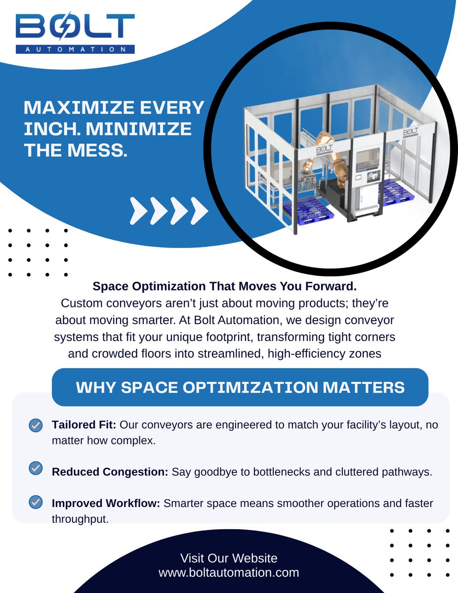 BoltAutomation1's tweet image. Built for Your Reality:
Whether you're retrofitting an existing line or launching a new facility, our team collaborates with you to design systems that make the most of your available space, without compromising performance.
#SpaceOptimization #BoltAutomation
