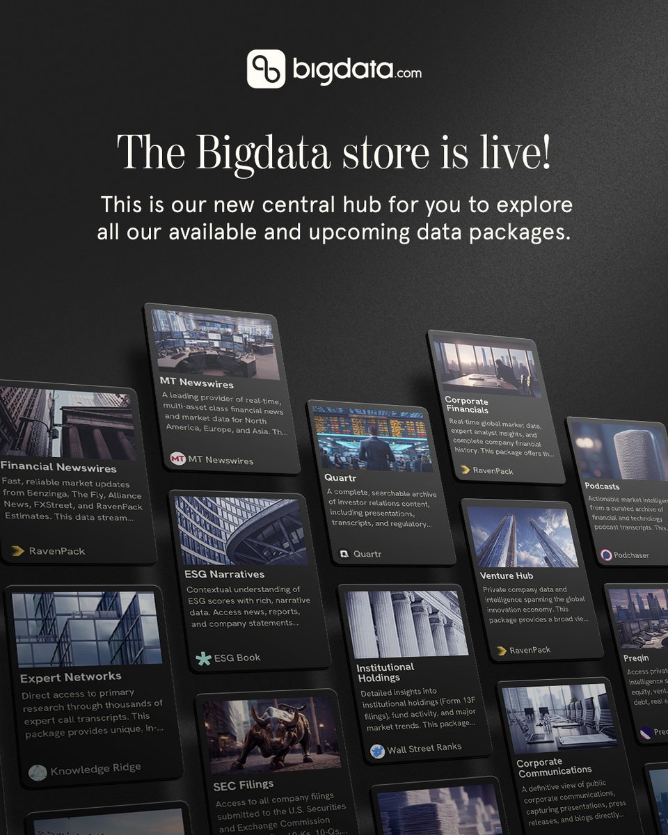 bigdatadotcom's tweet image. The Bigdata Store is officially live!
Your new hub to explore all active and upcoming data packages, filter by category, and access full details on benefits and use cases.
Discover the datasets that can power your next AI-driven project today. app.bigdata.com/store