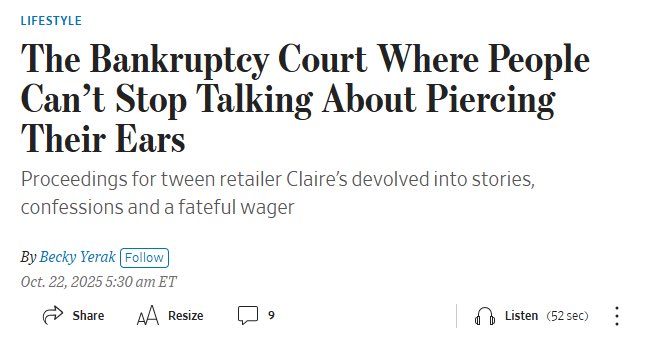 junkbondinvest's tweet image. Claire’s bankruptcy checklist:
> Dependent on mall traffic (malls dying)
> Physical store model (e-commerce shift)
> Selling to teens (who shop TikTok)
> Imported merchandise (tariff war)
The timing couldn’t have been worse across every variable