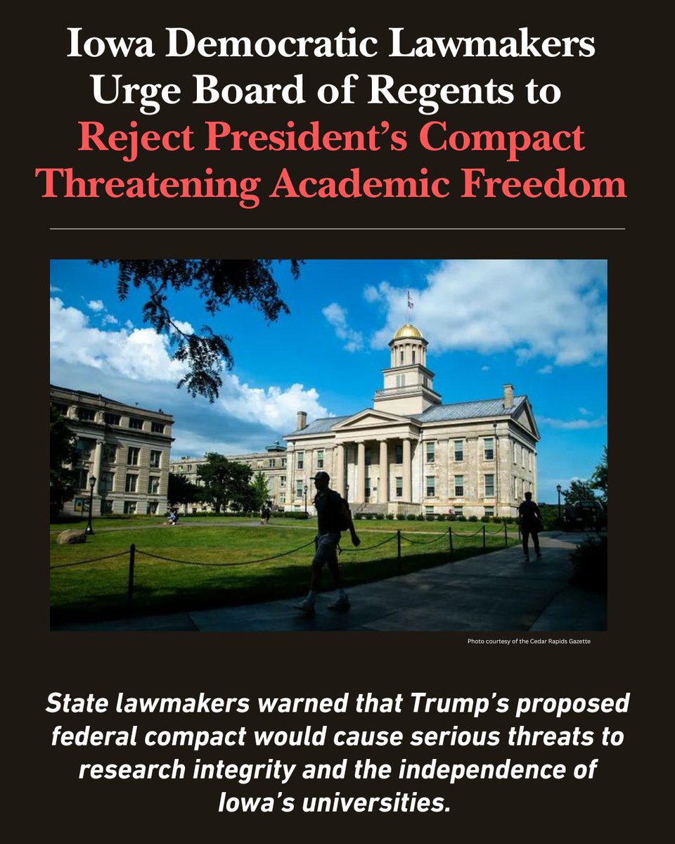 iowahousedems's tweet image. Today, Iowa House Democratic lawmakers formally sent a letter to the Iowa Board of Regents to urge them to reject the President’s proposed “Compact for Academic Excellence in Higher Education” and to protect the academic integrity and independence of our state’s universities.