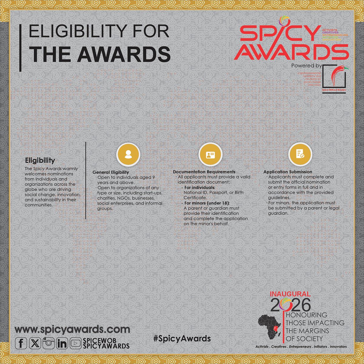 spicyawards's tweet image. Bold. Creative. Fearless. 🌶️
Are YOU transforming lives across Africa &amp;amp; the Global South?
The #SpicyAwards are for changemakers like you! 💪
👉 spicyawards.com
#SocialImpact #SpiceWithoutBorders #SpicyAwards2026