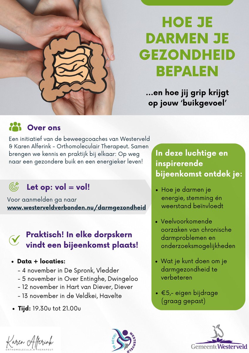 Geef u ook nog op voor deze inspiratiebijeenkomst over darmgezondheid via westerveldverbonden.nu/darmgezondheid