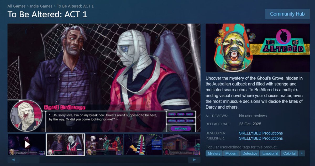 skellybed's tweet image. To Be Altered is now available to purchase on Steam in Early Access!

store.steampowered.com/app/4004310/To…
#indiegame #indiehorror #indiedev #indiegamedev #visualnovel