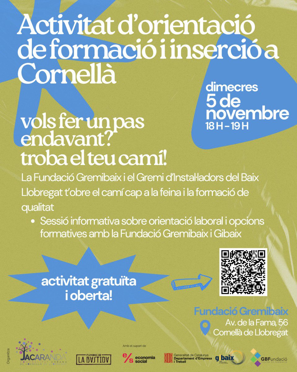 🪄Vols fer un pas endavant?

📌 El 5 de novembre et convidem a una activitat gratuïta i oberta a les instal·lacions de la Fundació Gremibaix, on coneixerem de prop l’oferta formativa i d’inserció del gremi d’instal·ladors del Baix Ll.

📝Inscripcions
docs.google.com/forms/d/e/1FAI…
