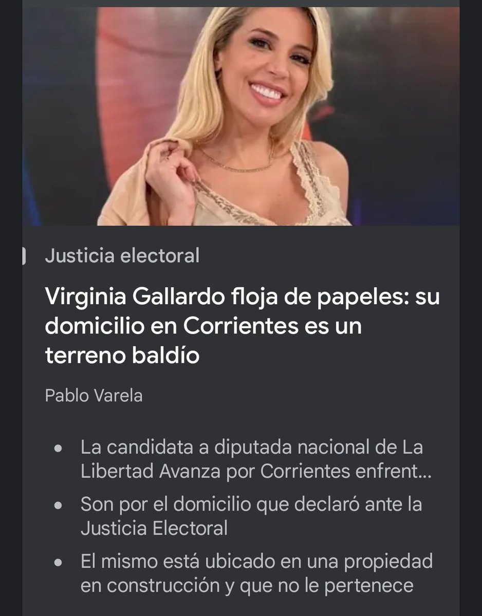 🚨OTRA CANDIDATA TURBIA🚨
Virginia Gallardo tiene el domicilio declarado en Corrientes en un TERRENO BALDÍO que ni siquiera le pertenece, para no pagar impuestos.

No tienen uno solo que no sea un DELINCUENTE.