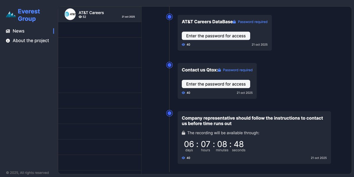 _venarixES_'s tweet image. El grupo #Everest #ransomware habría #hackeado a AT&amp;amp;T (@ATT), la multinacional 🇺🇸 de #telecomunicaciones que ofrece servicios de telefonía y televisión a nivel global...
Este sería el 4.º incidente de seguridad para #ATT
#NYSE $T
Más ℹ️ en #VenariX ➡️ venarix.com…