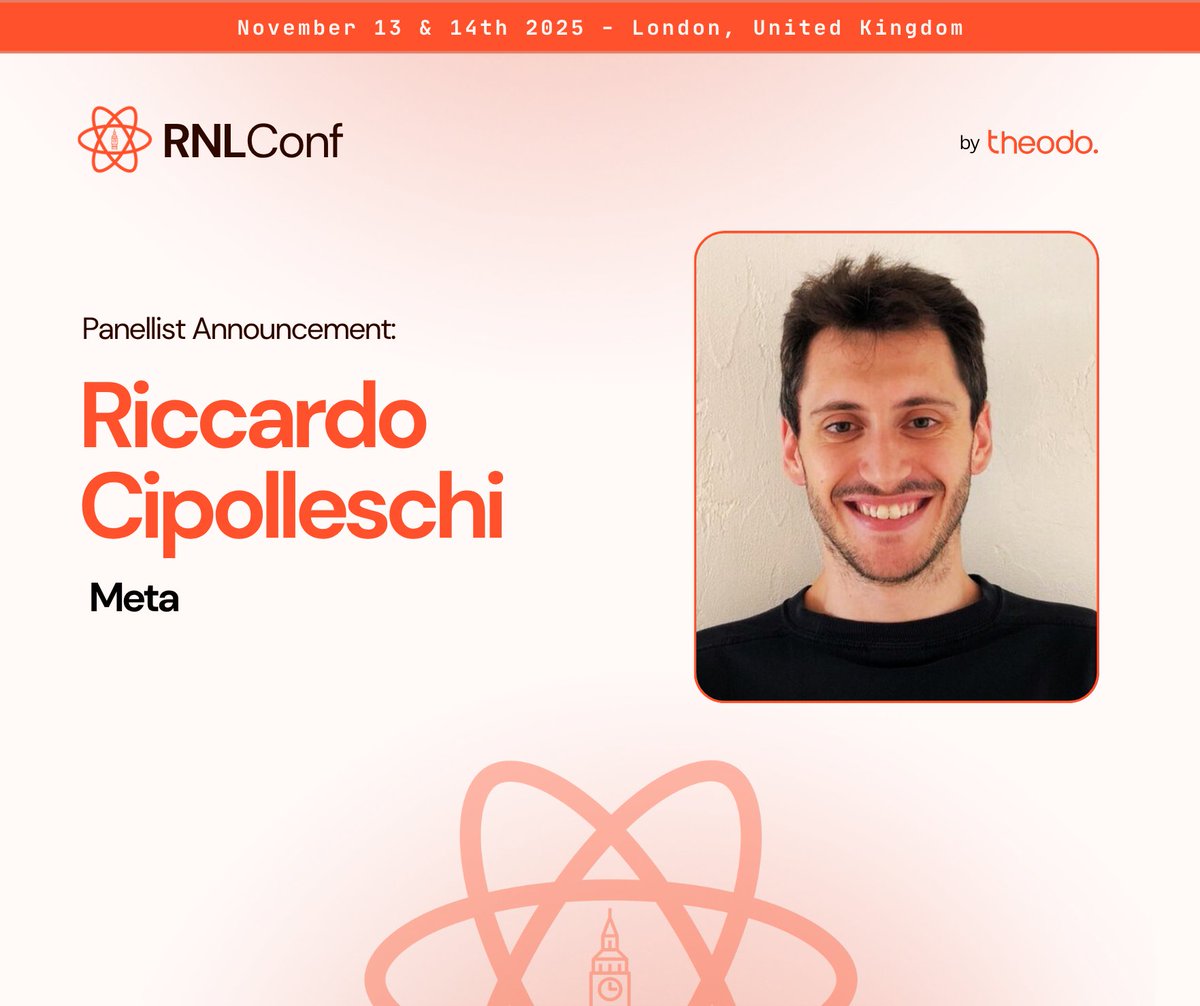 RNLConf's tweet image. We’re excited to announce the next expert joining the panel at RNLConf 🔥

🎤 Riccardo Cipolleschi @CipolleschiR , Software Engineer at Meta, will be part of what’s sure to be an engaging discussion.

Don’t miss out, grab your ticket today! 🎟️