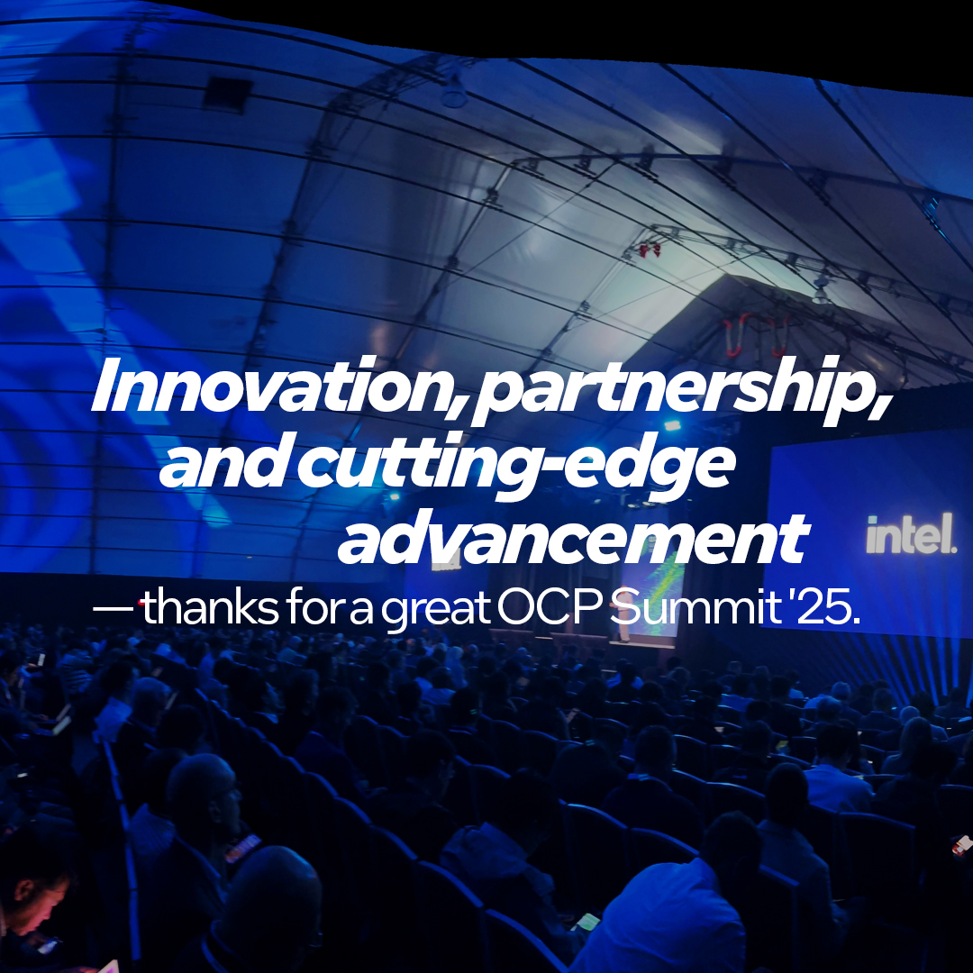 intel's tweet image. From the new Crescent Island data center GPU to the x86 advisory board anniversary, what an #OCPSummit25. Our partners and customers inspire us to push the envelope with foundational innovation for open infrastructure and #AI. Can’t wait for next year. #Intel @OpenComputePrj