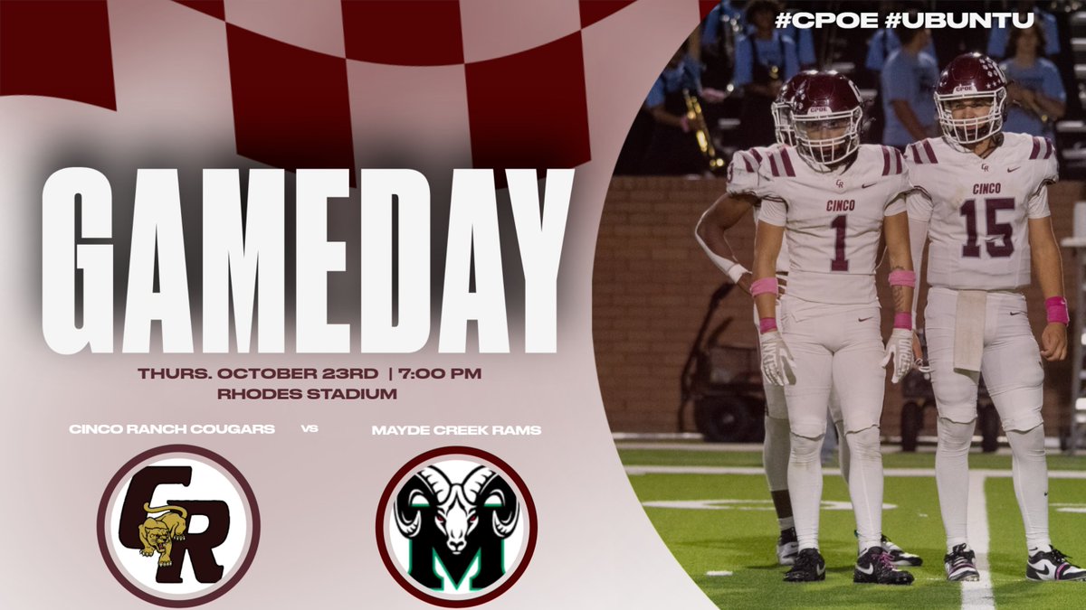 Big game this Thursday vs Mayde Creek! Cougars will kick off at 7PM at Rhodes Stadium!  Come out and be loud!  CPOE UBUNTU