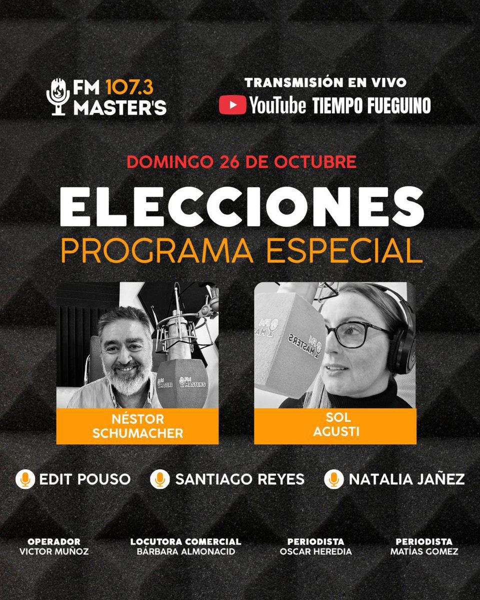 #TiempoFueguinoEnElecciones
Desde las 8AM y también por <a href="/FMMasters/">FM Master's</a> con <a href="/nestorschumy/">nestor schumacher</a> y <a href="/solagusti/">Sol Agusti</a> #TeamCobertura 
<a href="/editpouso/">#TRENX</a>  <a href="/JanezNataliaOk/">Natalia Jañez</a>