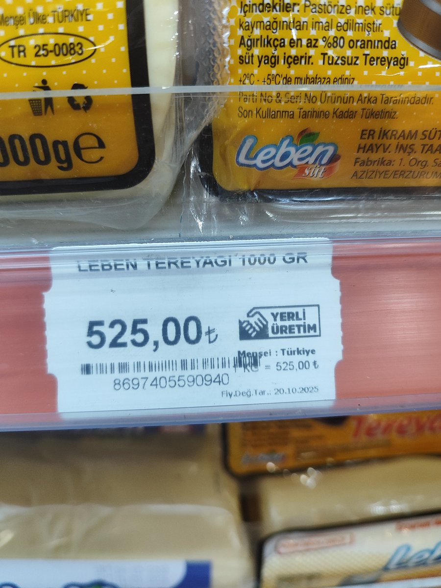 Erzurum da faaliyet gösteren LEBEN süt ürünleri isimli firma her ay düzenli olarak zam yapmaktadır. Geçen ay 430 lira olan tereyağı 450-490 ve şuan 525 TL oldu. Bunun adı fırsatçılıktır. <a href="/ticaret/">T.C. Ticaret Bakanlığı</a>  <a href="/bekir_kaplan/">Bekir Kaplan 🇹🇷</a> <a href="/erzurumbld/">Erzurum Büyükşehir Belediyesi</a>