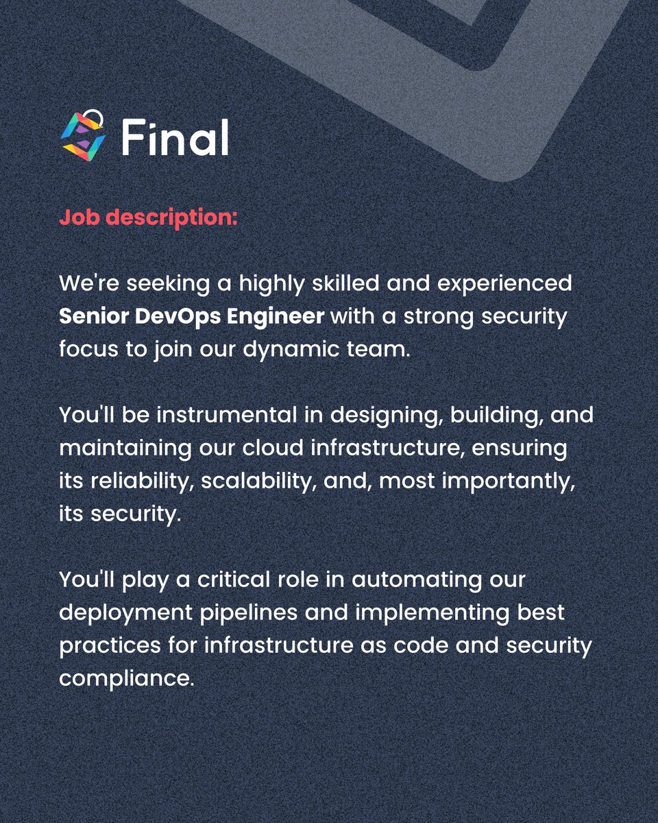 finalpos's tweet image. 💥We’re hiring: Senior DevOps Engineer💥
Do you have solid experience as a DevOps Engineer and want to take ownership of building secure, scalable cloud infrastructure at a fast-growing, VC-backed startup?
Sound like you or someone you know?
finalpos.applytojobs.ca/development+te…