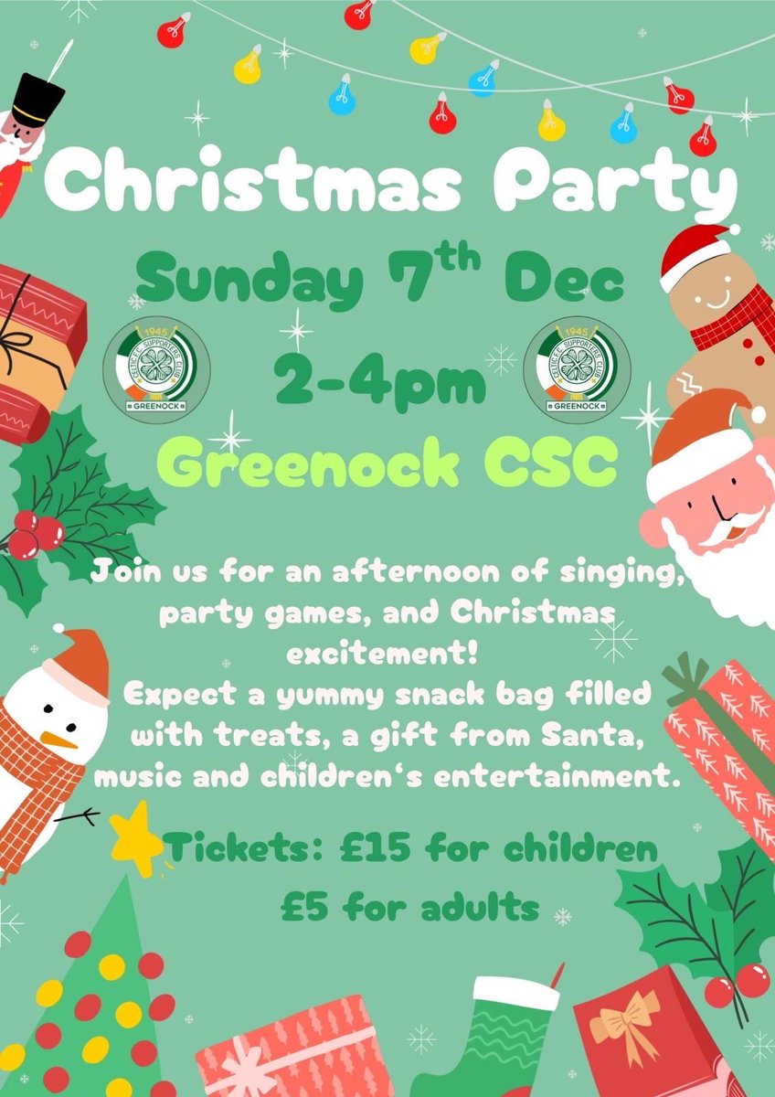 GreenockCeltic's tweet image. Tickets are now on sale for our party with Santa🎅🏻Tickets can be purchased from the club’s reception desk.🎅🏻