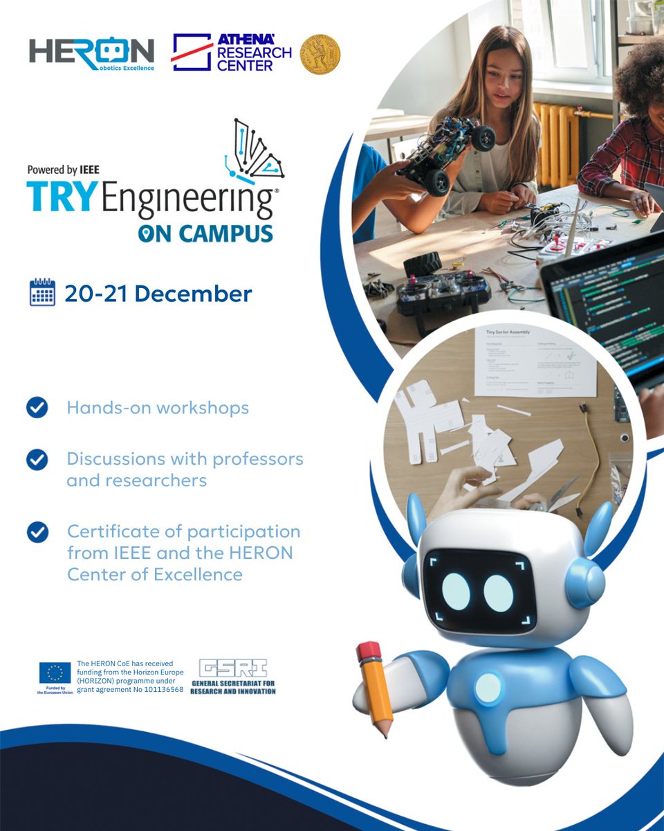 🚀 Applications open for HERON TryEngineering on Campus – a 2-day hands-on robotics &amp; AI program for students
📅 20–21 Dec | 📍Athens
👉 Apply now: bit.ly/48ItxZc
#HERON #STEM #Robotics #AI #TryEngineering