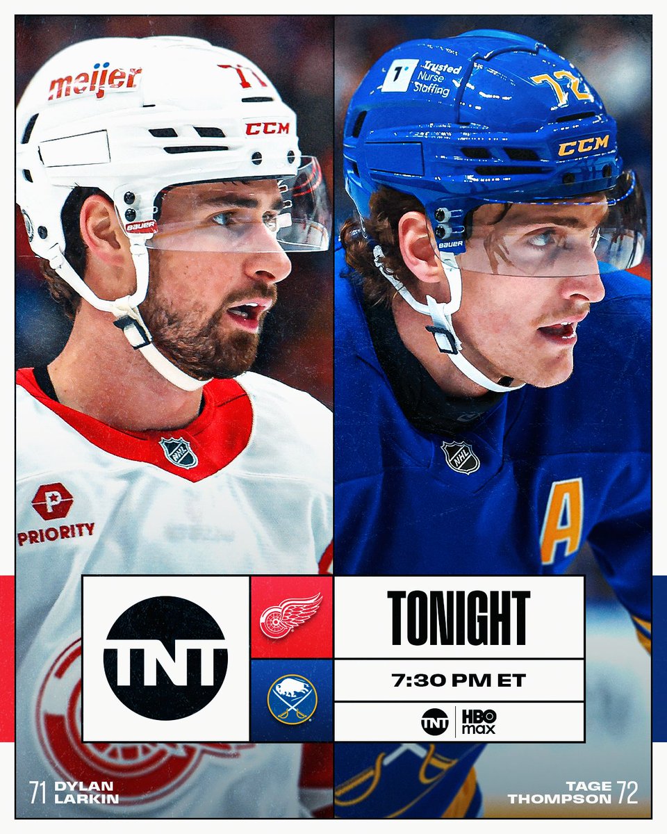 NHLPR's tweet image. Two U.S. hockey stars go head-to-head tonight on @NHL_on_TNT when Dylan Larkin and the @DetroitRedWings put their five-game win streak on the line against Tage Thompson and the @BuffaloSabres.