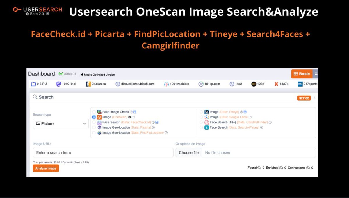 AnonymousH4ck35's tweet image. Do you remember Usersearch OneScan, which allows you to search OSINTIndustries, Epieos, Predicta Search, and Castrick clues simultaneously?
Now there is OneScan for images too!
FaceCheck + Picarta + Tineye + Search4faces + Camgirlfinder.
Usersearch.ai