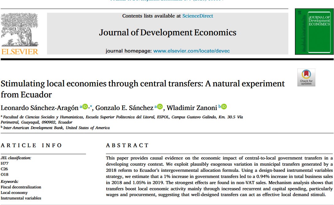 Un trabajo que aporta al debate sobre descentralización y desarrollo económico desde la evidencia empírica.
📘 Lee el artículo completo: acortar.link/fAJh6c

#CIEC #ESPOL #InvestigaciónEconómica #DesarrolloLocal #Economia