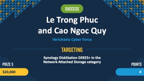 Confirmed! Verichains Cyber Force chained two unique bugs - including an auth bypass - to exploit the Synology DS925+ and run code as root. Their work earns them $20,000 and 4 Master of Pwn points. #Pwn2Own
