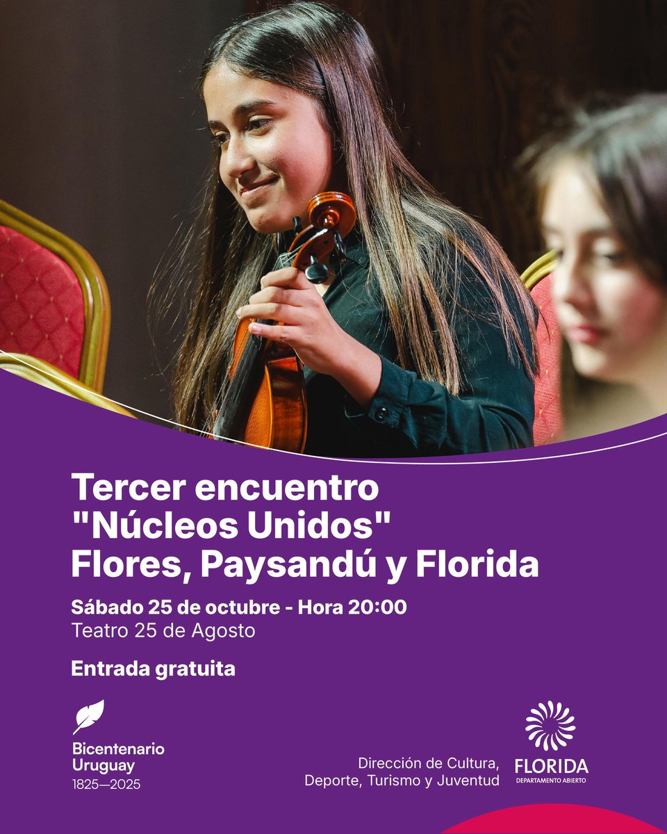 Este sábado 25 de octubre a las 20 hs, el Teatro 25 de Agosto será escenario del tercer encuentro “Núcleos Unidos”, con la participación de Flores, Paysandú y Florida.
Una noche para disfrutar del talento joven y la música en comunidad. 🎶
Entrada gratuita.