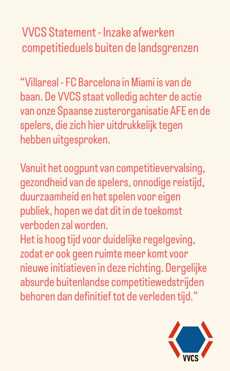spelersvakbond's tweet image. VVCS Statement - Inzake afwerken competitieduels buiten de landsgrenzen. 

#villereal #FCBarcelona #barca #miami #laliga @afefutbol