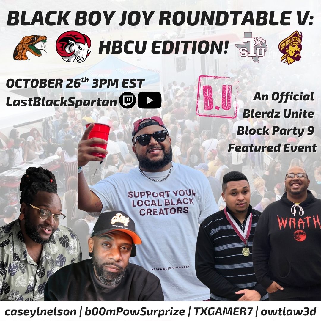 LastBLKSpartan's tweet photo. 👁️ GRAND RISING SPARTANS 👁️
I'm proud to announce Black Boy Joy Roundtable V: HBCU Edition and our guests!
@caseylnelson
@b00mPowSurpriZe
@holitdine713
@Owtlaw3d
Join us as a featured event of @BlerdzUnite Block Party 9 this Sunday October 26th 3PM EST
#BlerdzUnite #BUBP9