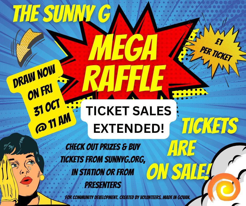 Sunny G Mega Raffle is on!

Prize spotlight: 2 x Tom Meighan tickets (courtesy of CPL)

Tickets are £1 each

For more prize info and how you can buy tickets, visit sunnyg.org

Be bold, buy loads and win big!

👉 Draw on Fri 31 Oct at 11 AM